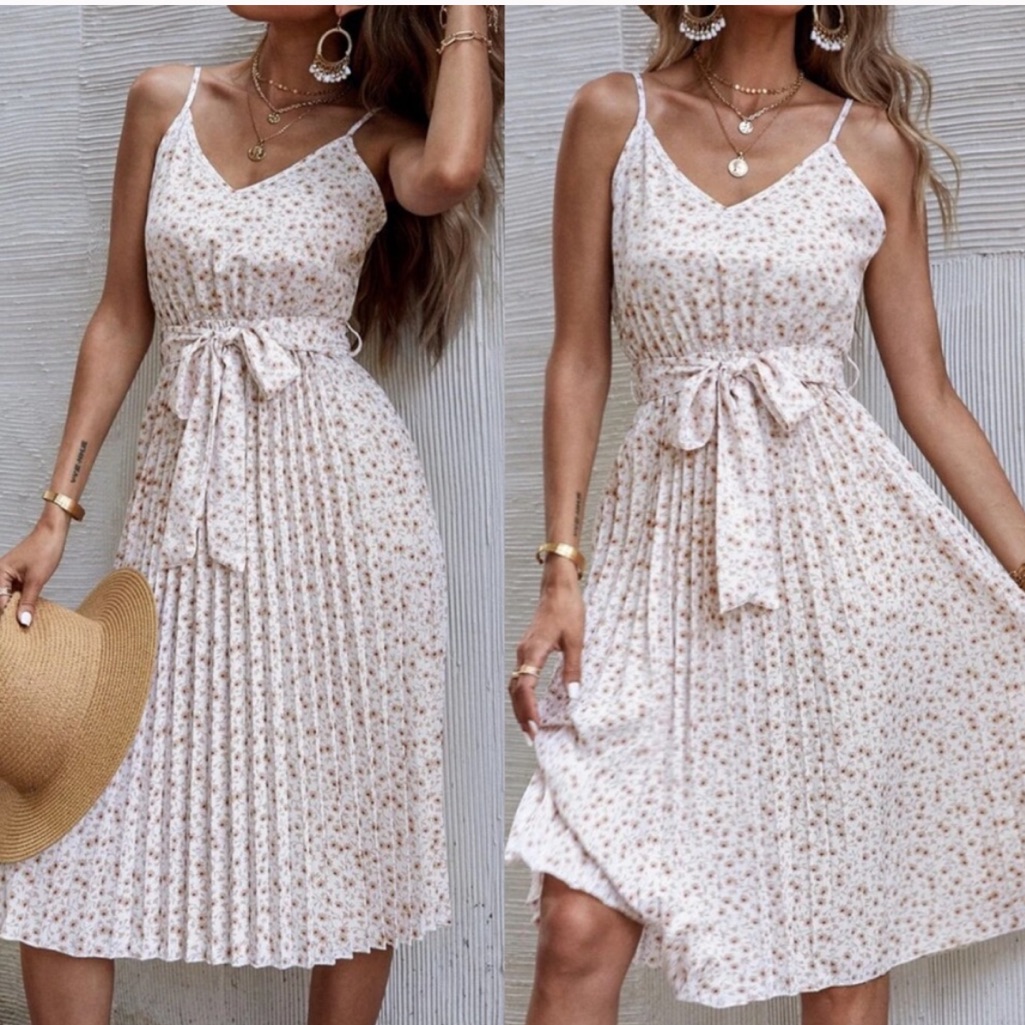 Boho Floral Print Pleated Belted Cami Dress